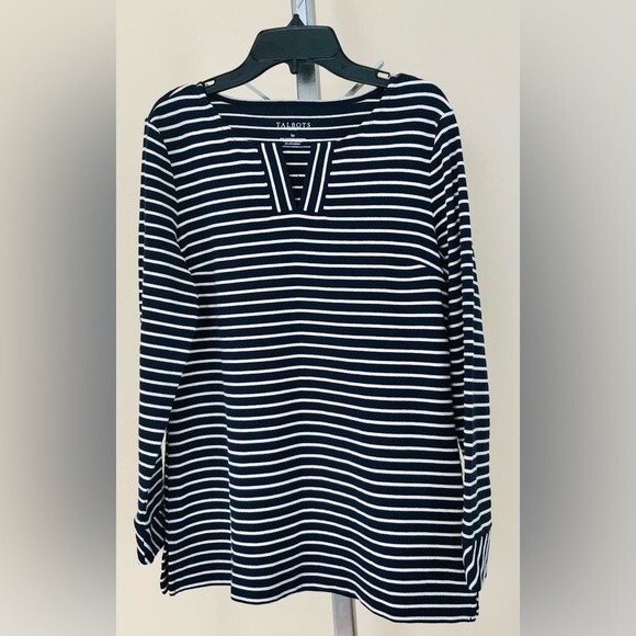 TALBOTS WOMEN'S SP KNIT STRIPED BLUE/WHITE LONG SLEEVES HENLEY NECK STRETCH - Picture 1 of 6